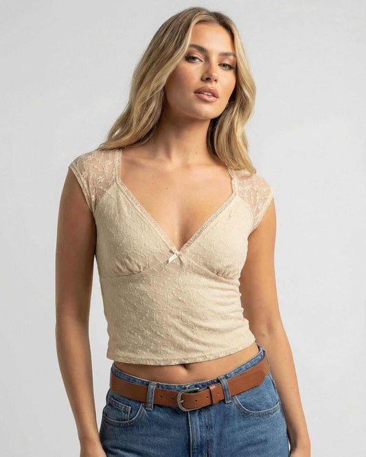 Beige Lace Top by Lauven - Women's slim fit crop tee with V-neck and lace details.