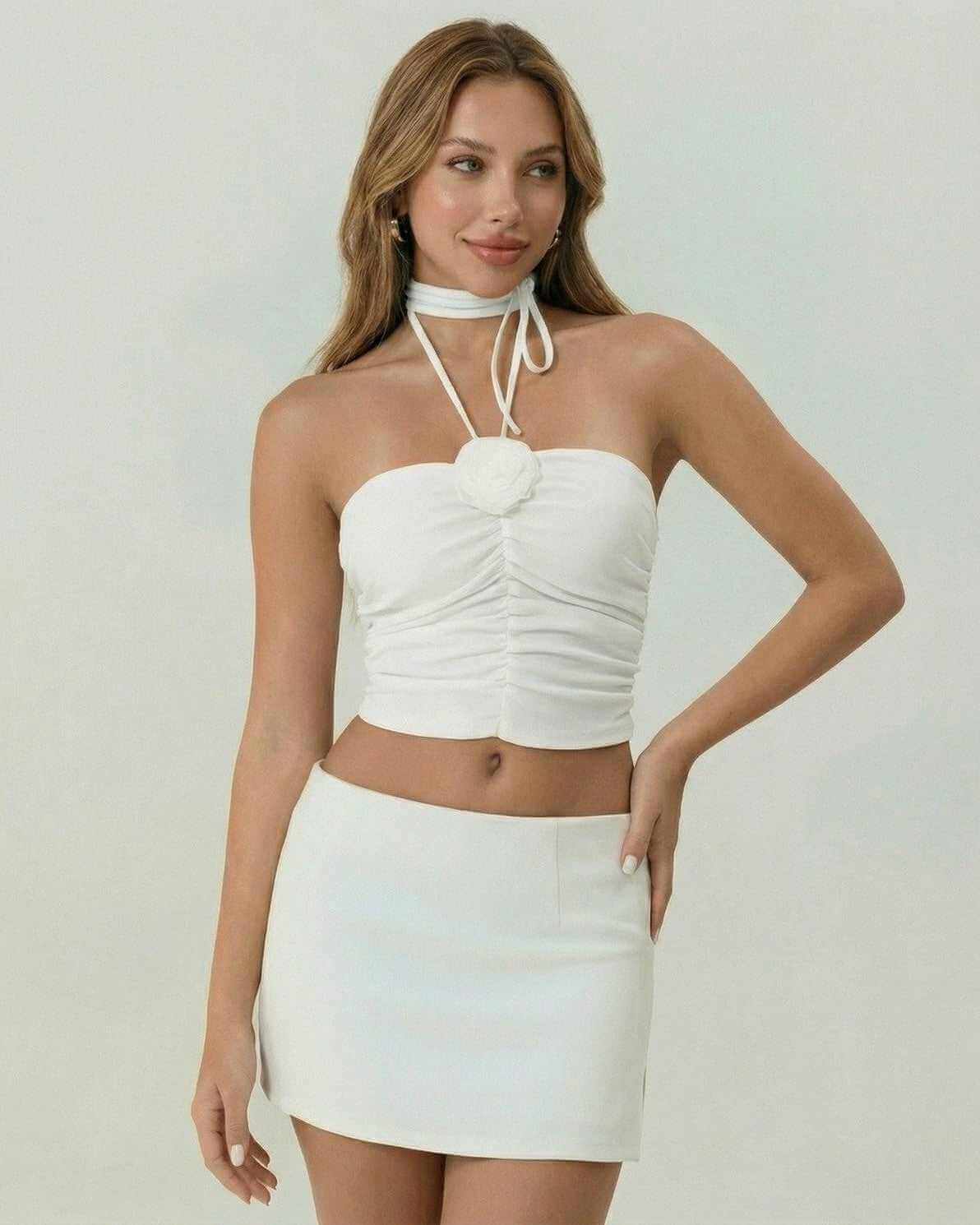 Valencia Top by Lauven – White strapless tank top with floral applique and choker tie, perfect for summer.