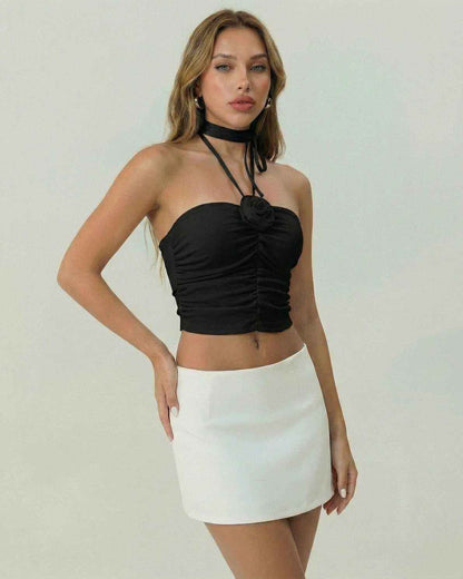 Monaco Top by Lauven, black strapless tank top with ruched detail and halter tie, perfect for modern women's fashion.