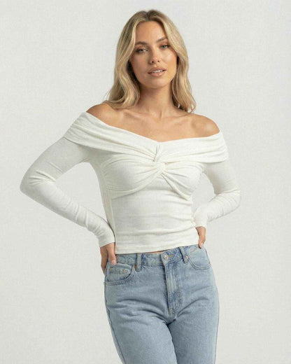 Monaco Top - Women’s Off The Shoulder Long Sleeve Top by Lauven in soft ribbed stretch knit with twist-front detail.