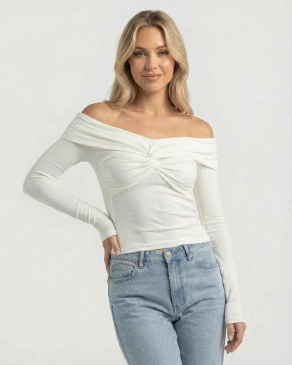 Monaco Top by Lauven – Women’s off the shoulder long sleeve top in soft ribbed stretch knit.