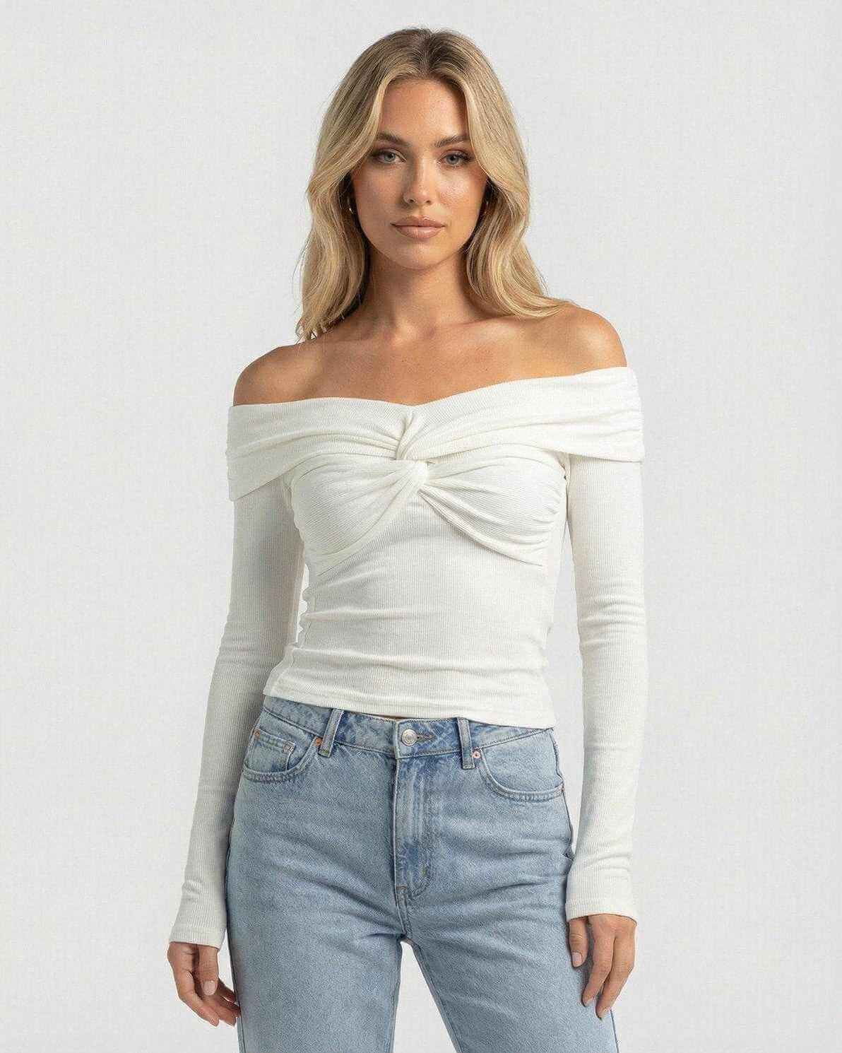 Monaco Top by Lauven, women's off the shoulder long sleeve top in ribbed stretch knit, featuring twist-front design.