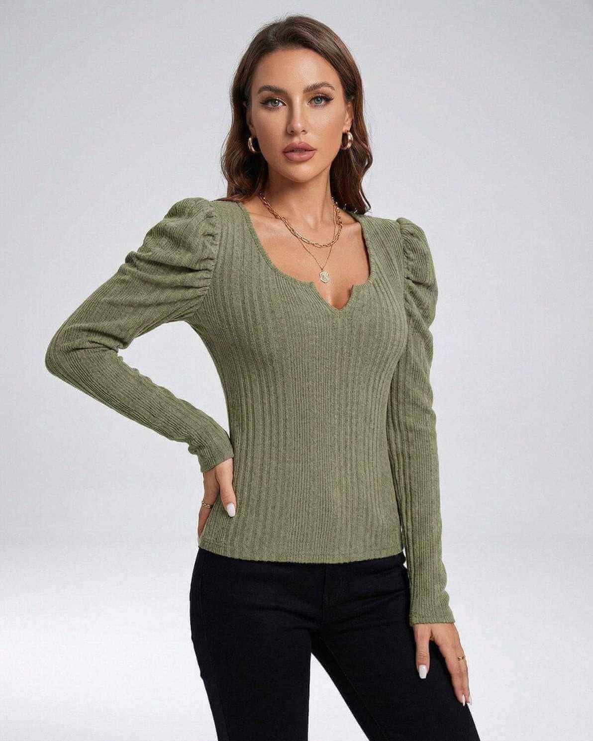 Sienna Pullover by Lauven, women’s ribbed knit long sleeve pullover sweater in olive green with structured neckline.