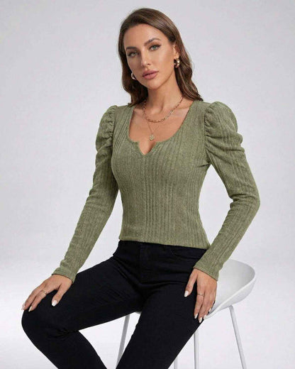 Sienna Pullover by Lauven – Women’s ribbed knit pullover sweater in olive green with long sleeves and structured neckline.
