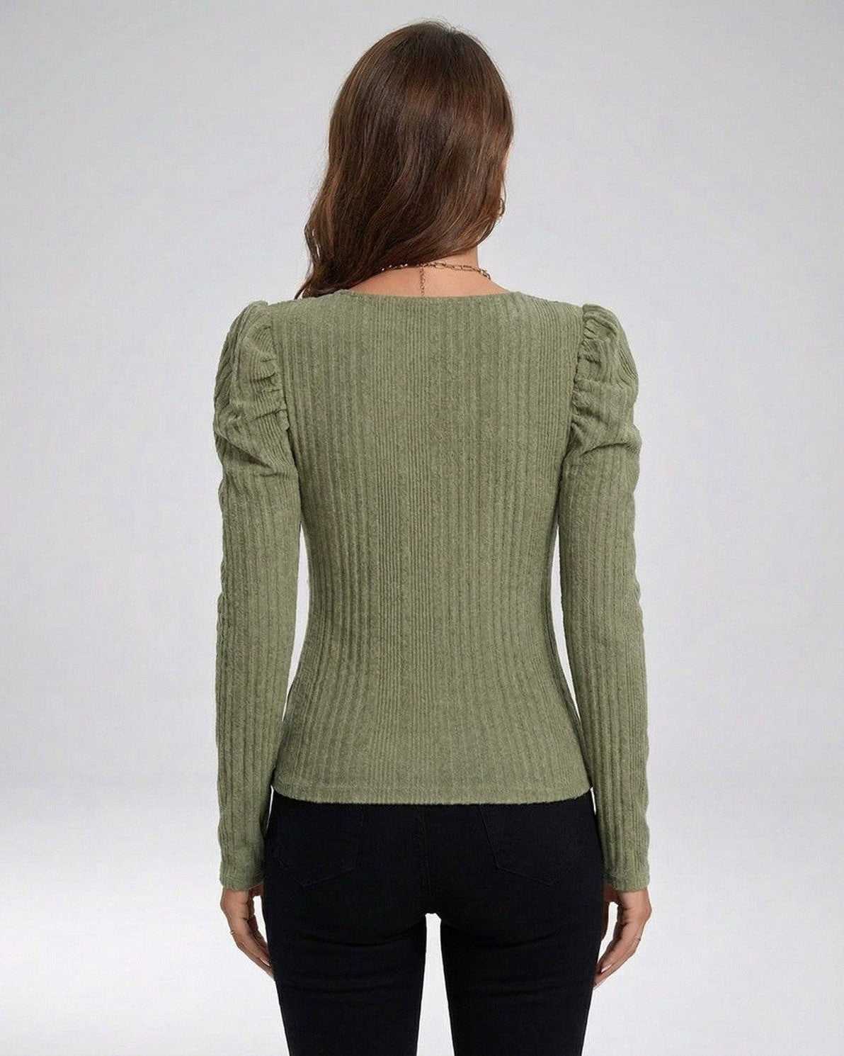 Sienna Pullover by Lauven, women’s ribbed knit sweater with long sleeves, back view in olive green.