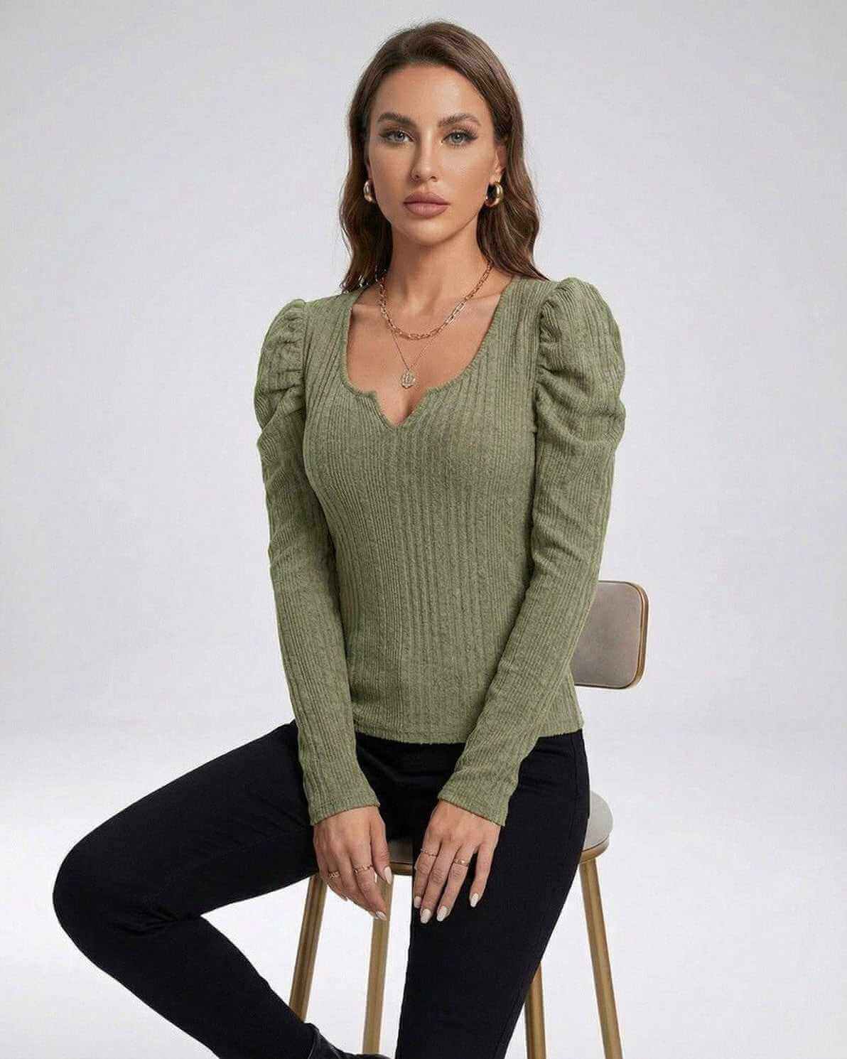 Sienna Pullover by Lauven - Women's ribbed knit pullover sweater in olive green with long sleeves.