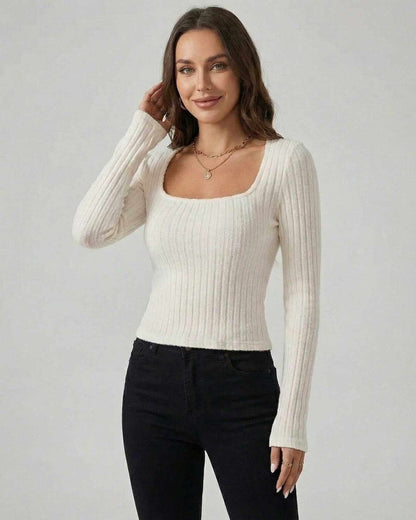 Elara Pullover by Lauven – Women's white ribbed knit pullover sweater with long sleeves and square neckline.