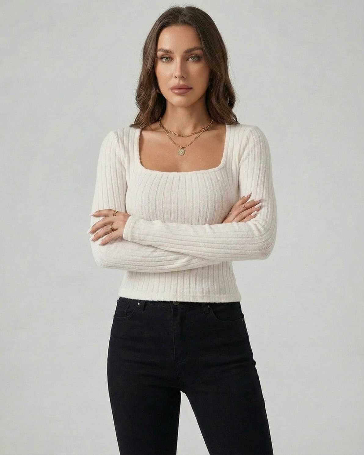Elara Pullover – Women’s White Ribbed Knit Pullover Sweater by Lauven, featuring long sleeves and a square neckline.