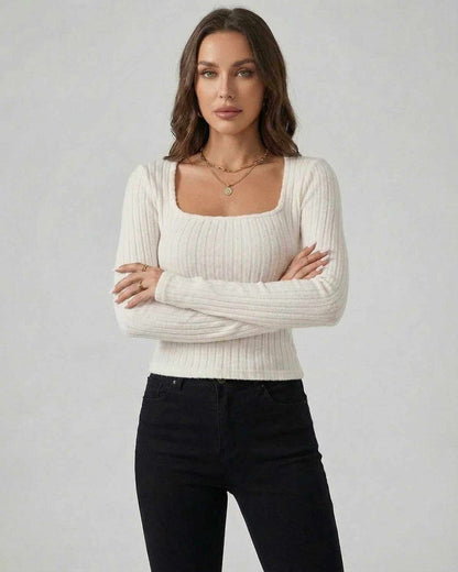 Elara Pullover – Women’s White Ribbed Knit Pullover Sweater by Lauven, featuring long sleeves and a square neckline.