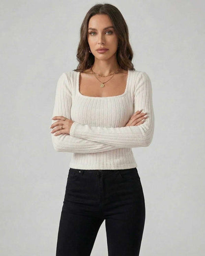 Elara Pullover by Lauven - Women’s white ribbed knit pullover sweater with long sleeves and structured neckline.