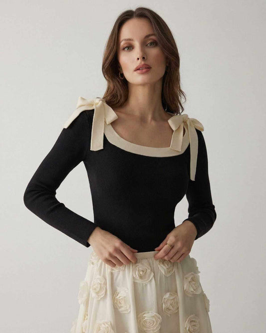 Camellia Pullover by Lauven - Women’s black knit sweater with bow detail for refined style.