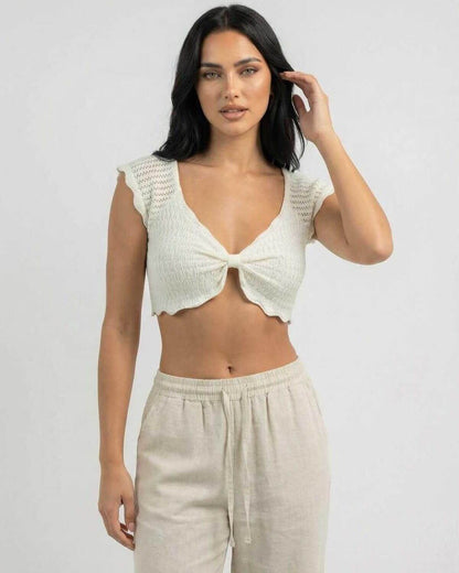 Calista Top by Lauven, women's cotton knit top with lettuce trim and v-neck, perfect for warm weather styling.
