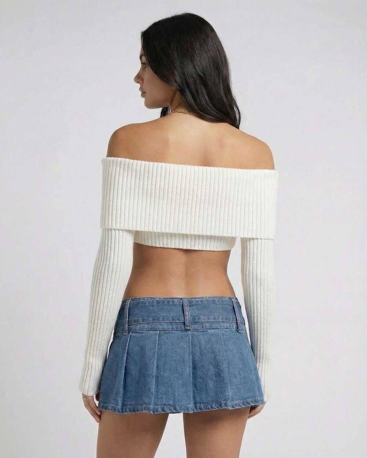 Valencia Top by Lauven, off shoulder long sleeve crop top, perfect for autumn winter fashion.