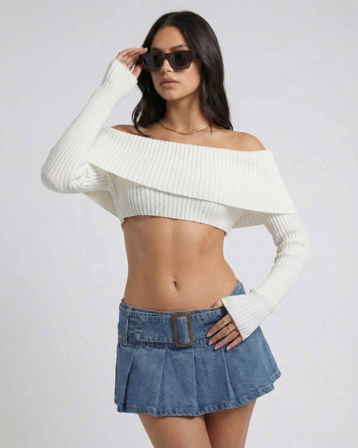 Valencia Top - Lauven Women's Off Shoulder Long Sleeve Crop Top in white, stylish for autumn winter.