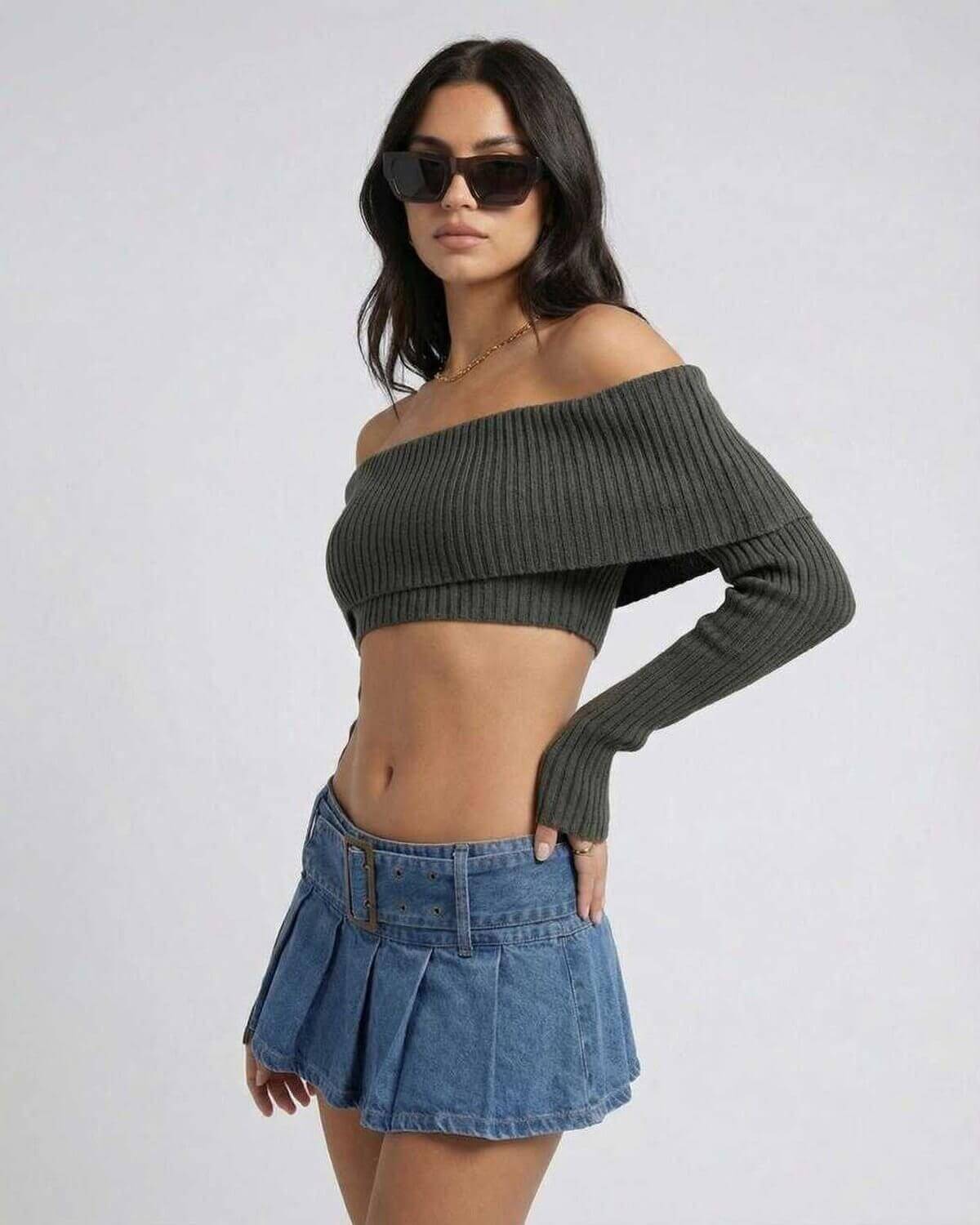 Verona Top by Lauven, women's off shoulder long sleeve crop top in ribbed texture, styled for autumn winter.