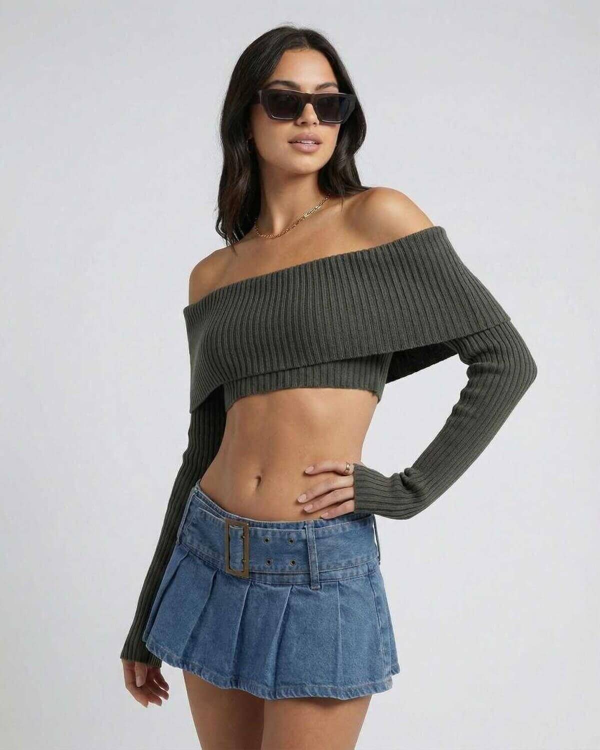 Verona Top by Lauven: Women’s off shoulder long sleeve crop top styled with a denim skirt, perfect for autumn winter.