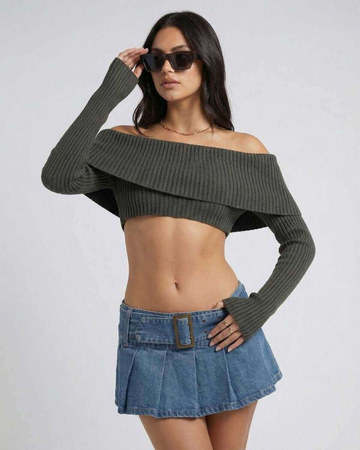 Verona Top by Lauven: Women's off shoulder long sleeve crop top styled with a denim skirt for autumn winter.