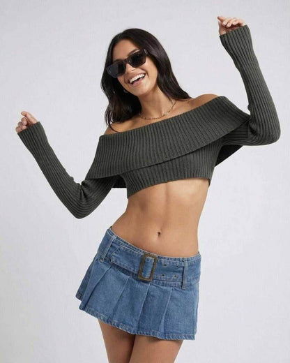 Model wearing the Verona Top by Lauven, an off shoulder crop top, paired with a denim skirt.
