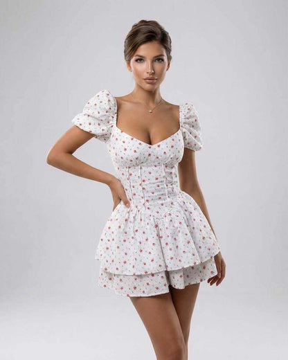 Florence Mini Dress by Lauven – Floral print A-line mini dress with puff sleeves and V-neck.