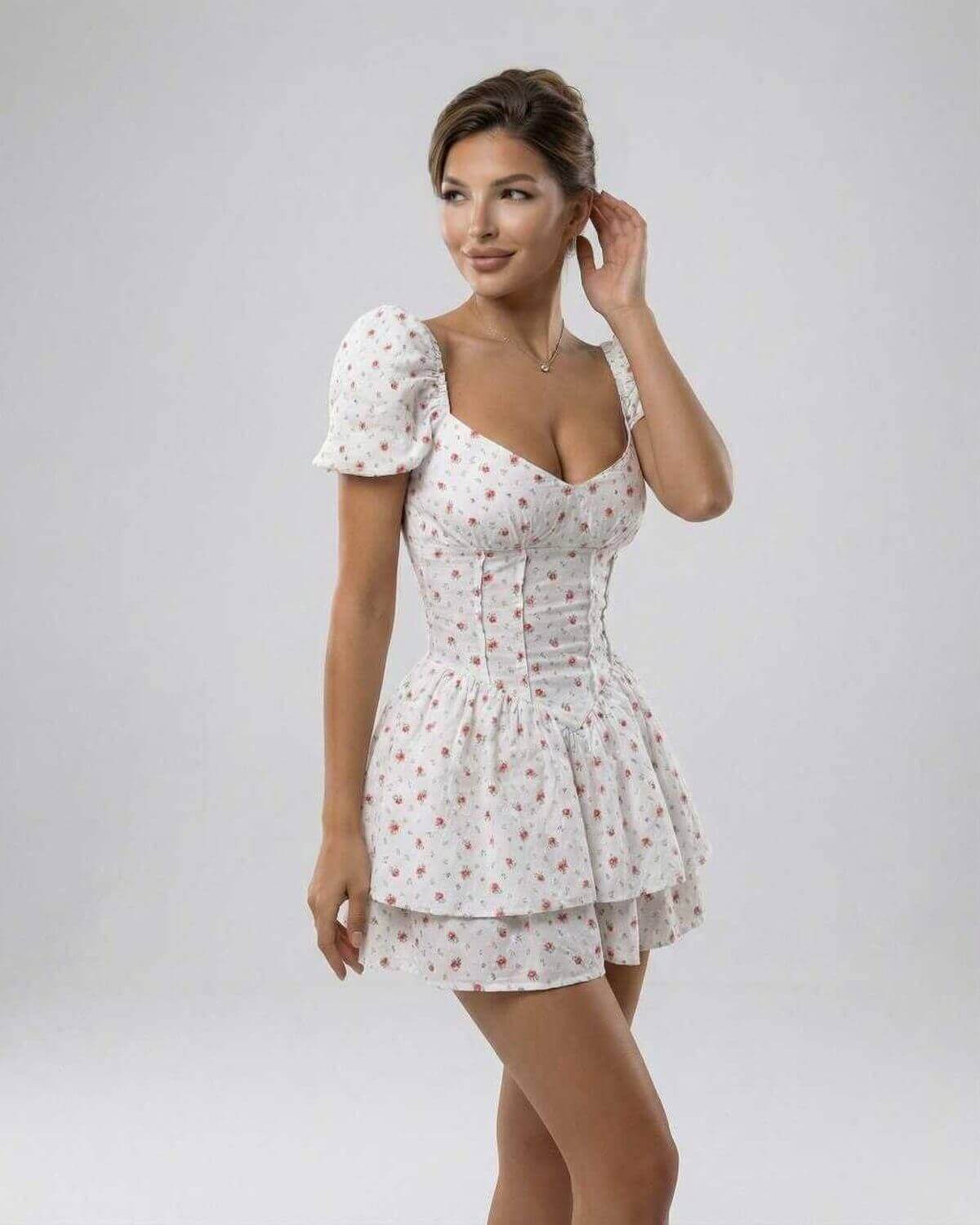 Florence Mini Dress by Lauven, floral print A-line mini dress with puff sleeves and V-neck detail.
