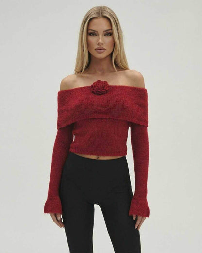 Lauven Verona Pullover - Women’s Off The Shoulder Sweater in Red with Long Sleeve Flare Detail.