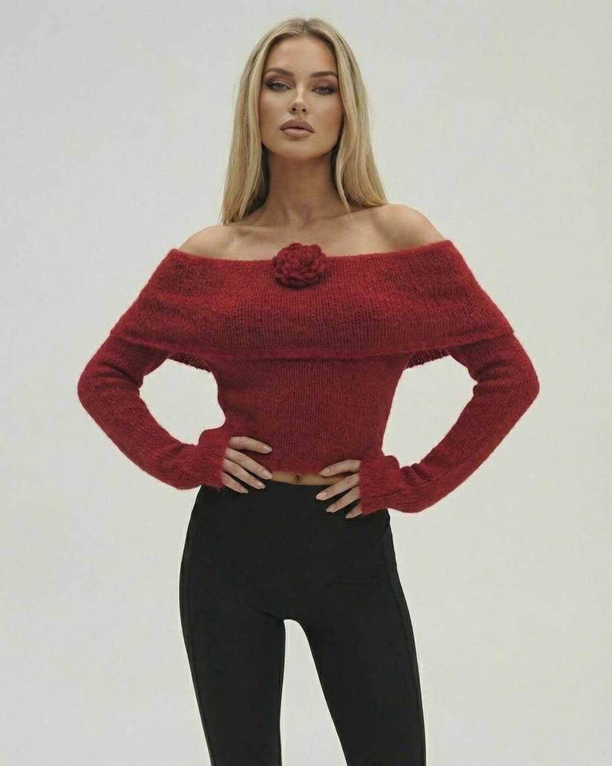 Verona Pullover by Lauven – Women’s Off The Shoulder Sweater in Red with Long Sleeve Flare Detail
