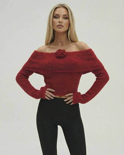 Verona Pullover by Lauven – Women’s Off The Shoulder Sweater in Red with Long Sleeve Flare Detail