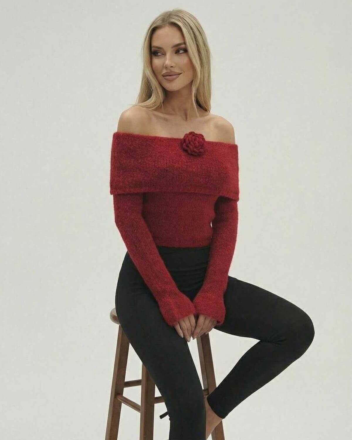 Verona Pullover by Lauven - Women's off the shoulder sweater in red with long sleeve flare detail.