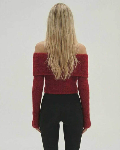 Verona Pullover by Lauven – Women's off the shoulder sweater with long sleeves and flare detail in red.