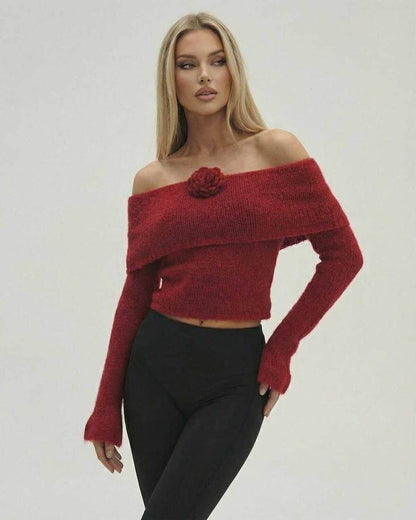 Verona Pullover by Lauven – Women’s off the shoulder red sweater with long sleeve flare details.