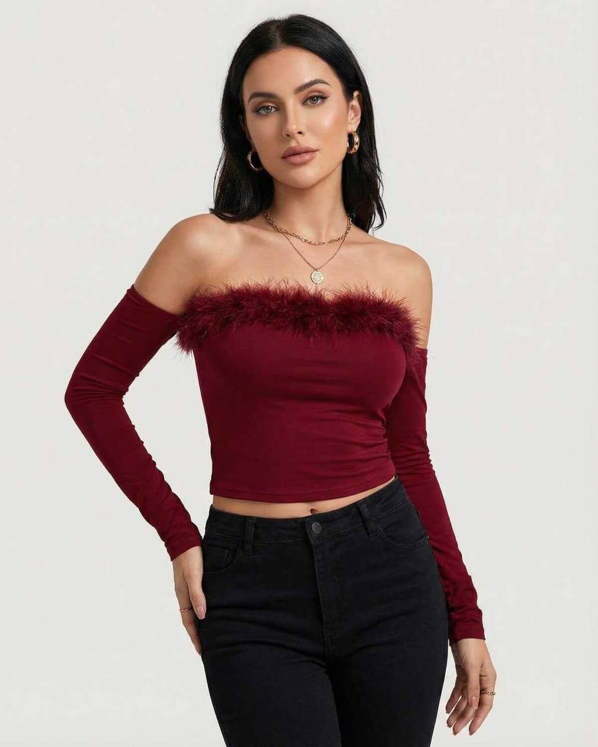 Verona Top by Lauven – Women’s off the shoulder burgundy top with feather trim, perfect for evening style.