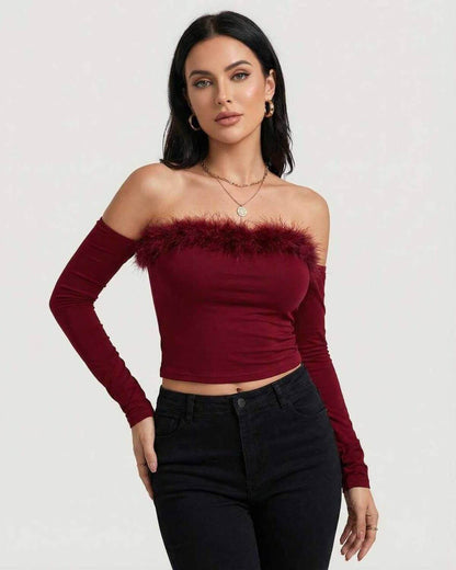Verona Top by Lauven – Women’s off the shoulder burgundy top with feather trim, perfect for evening style.