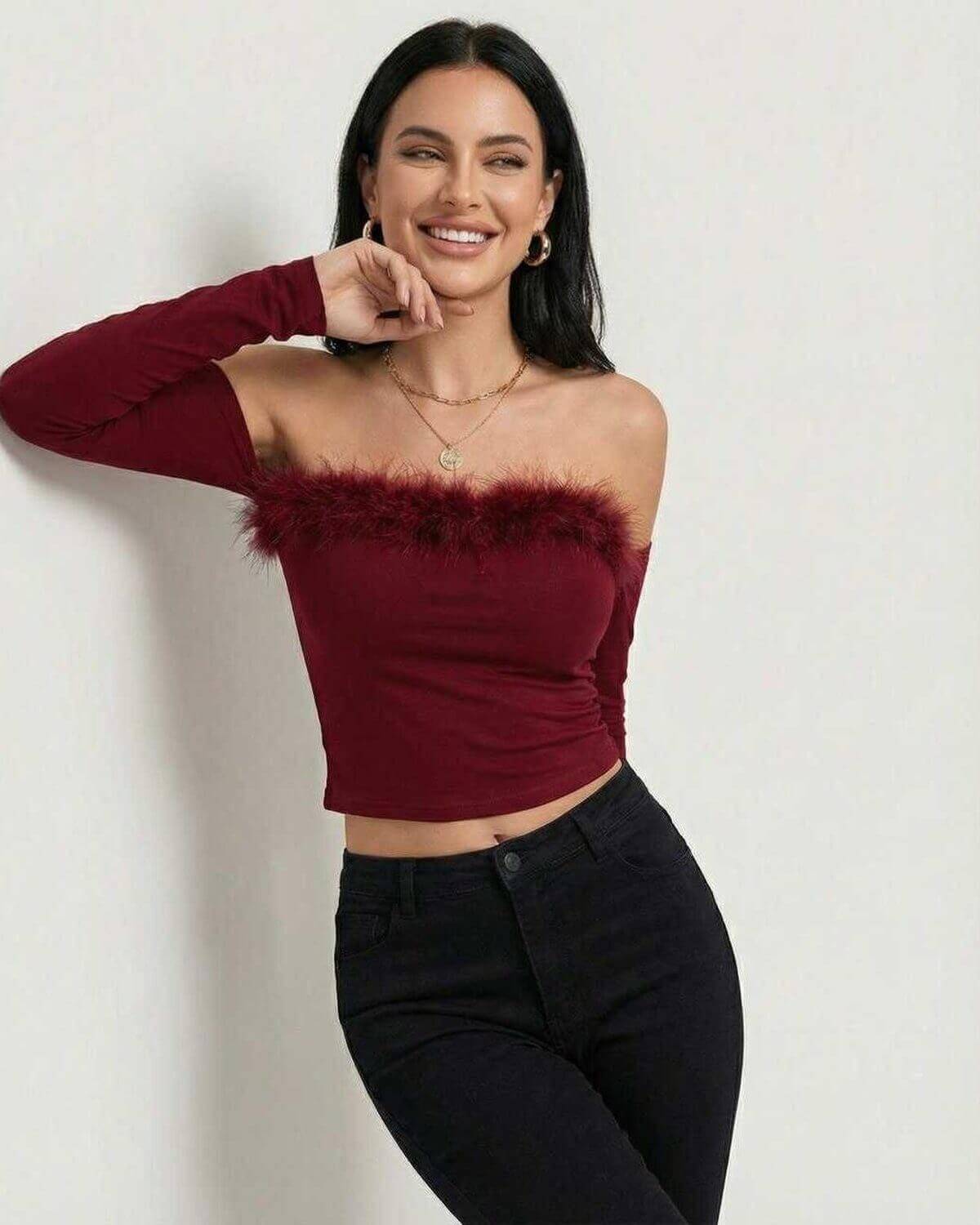 Verona Top - Women’s Off The Shoulder Long Sleeve Top with Feather Trim by Lauven in burgundy.