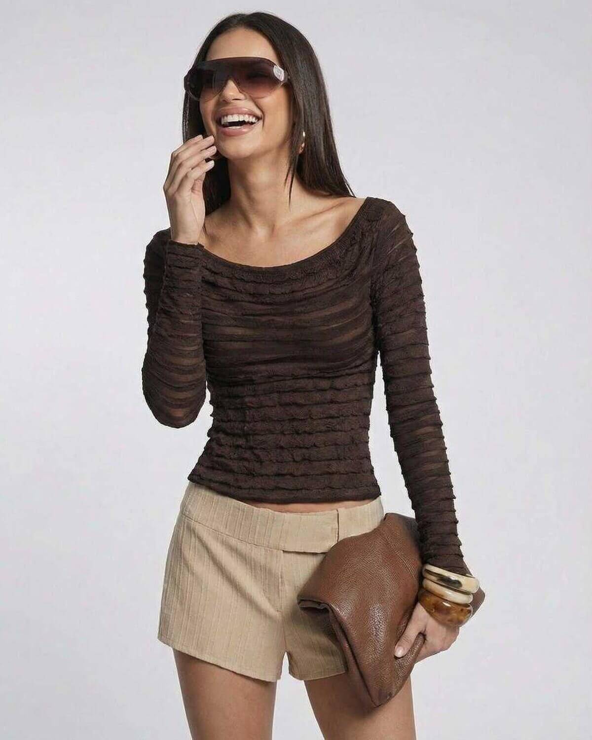 Sienna Pullover by Lauven – Women’s brown slim fit long sleeve top with round neck and textured finish.