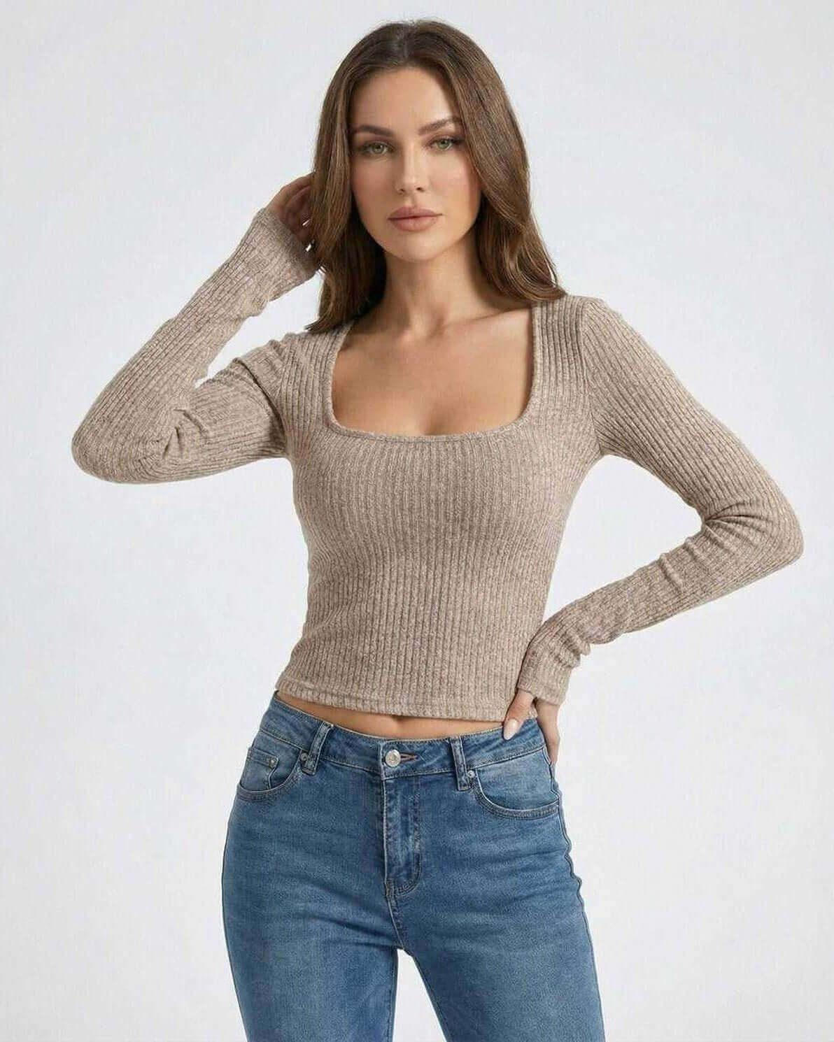 Sahara Pullover by Lauven, women's ribbed U-neck long sleeve sweater in neutral tone.