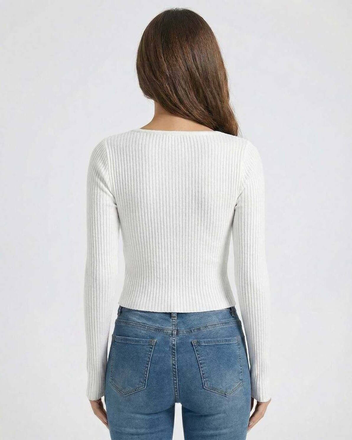Women's back view of Arden Pullover by Lauven, a white ribbed U-neck long sleeve sweater.