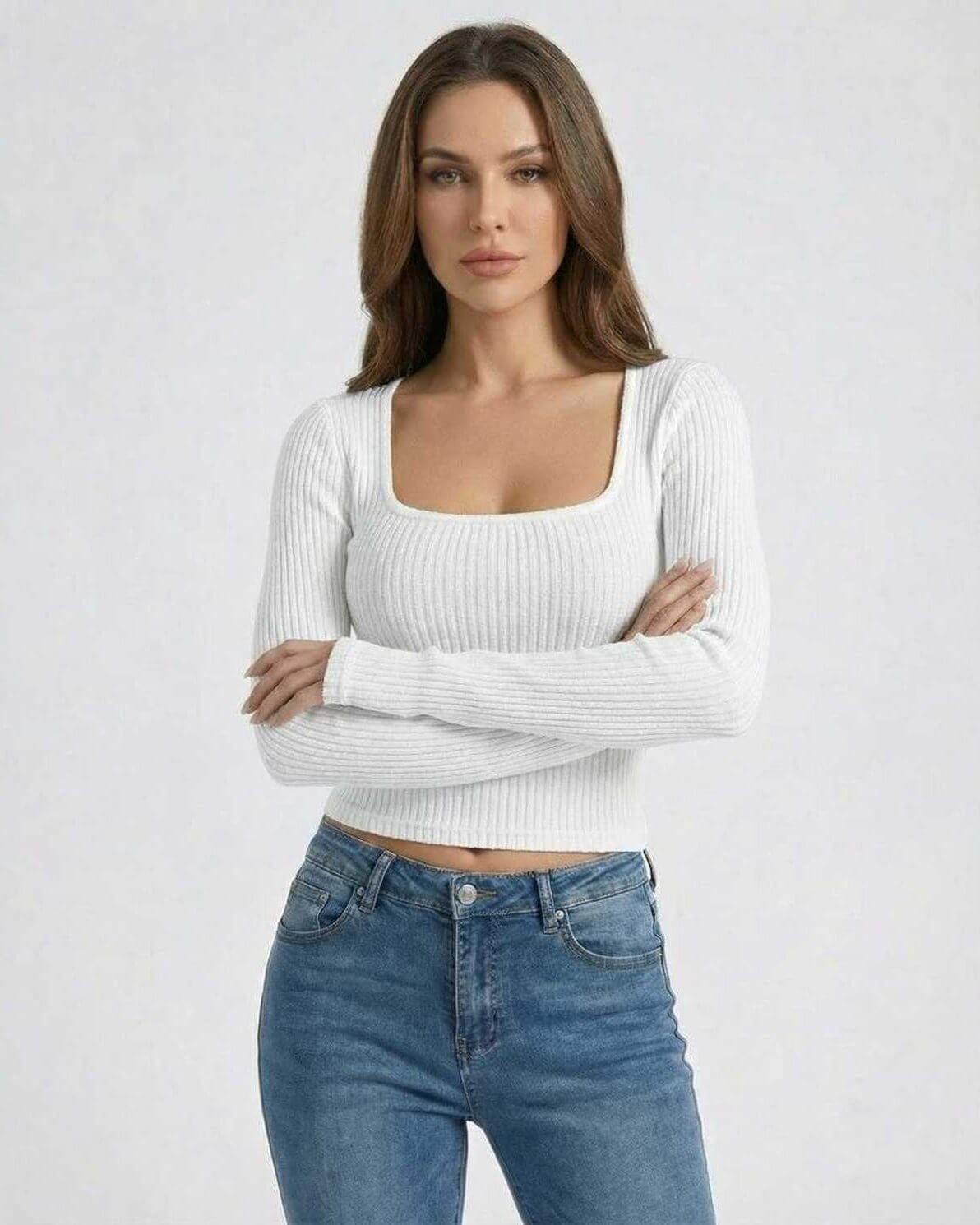 Arden Pullover by Lauven – Women’s White Ribbed U-Neck Long Sleeve Sweater, sleek and modern style.