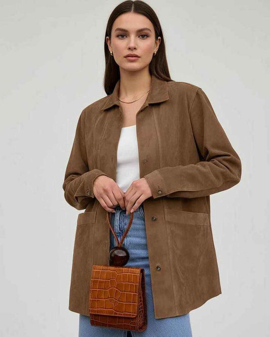 Sienna Jacket by Lauven, women's oversized jacket in rich brown with relaxed fit and button-down closure.