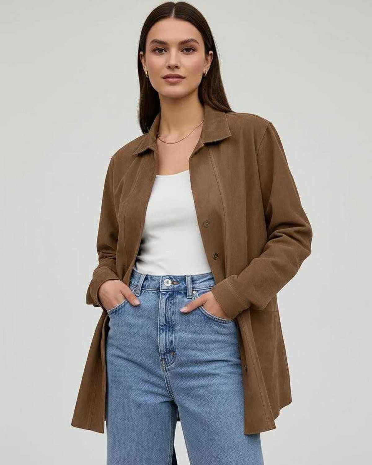 Sienna Jacket by Lauven - Women’s oversized jacket in rich brown with relaxed fit and button-down closure.