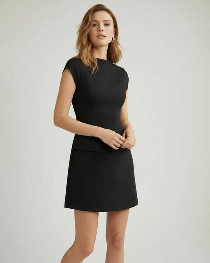 Monaco Mini Dress by Lauven – Women’s black mini dress with A-line silhouette and pockets.