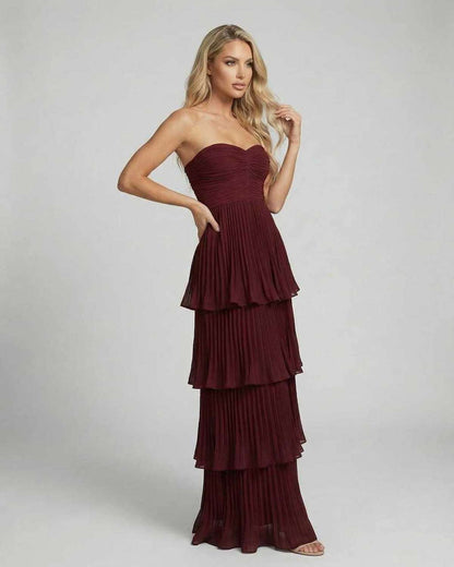Burgundy Valencia Maxi Dress by Lauven, strapless, pleated chiffon, elegant evening wear for weddings.