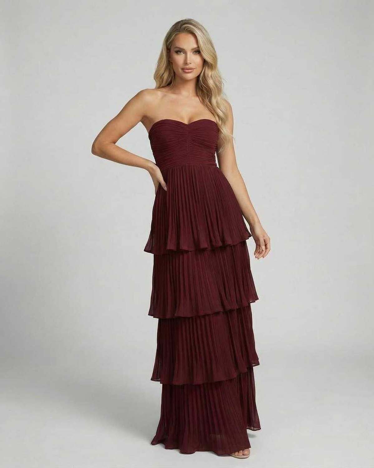 Valencia Maxi Dress by Lauven in burgundy pleated chiffon with tiered silhouette for elegant evening style.