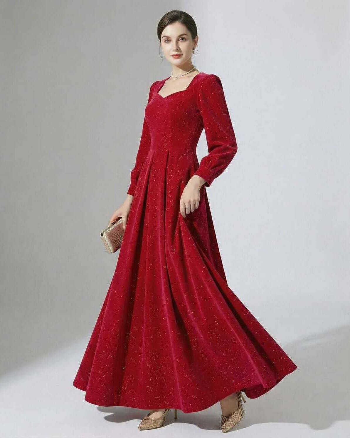 Celeste Maxi Dress by Lauven - Elegant red A-Line velvet gown with puff sleeves for formal occasions.