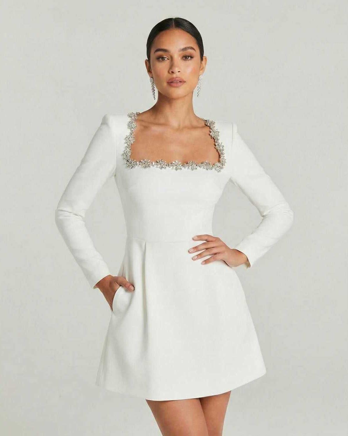 Serena Mini Dress by Lauven featuring an elegant square collar and A-line silhouette in a flattering design.