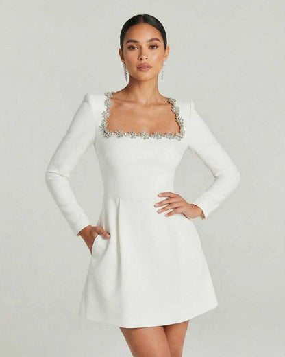 Serena Mini Dress by Lauven featuring an elegant square collar and A-line silhouette in a flattering design.