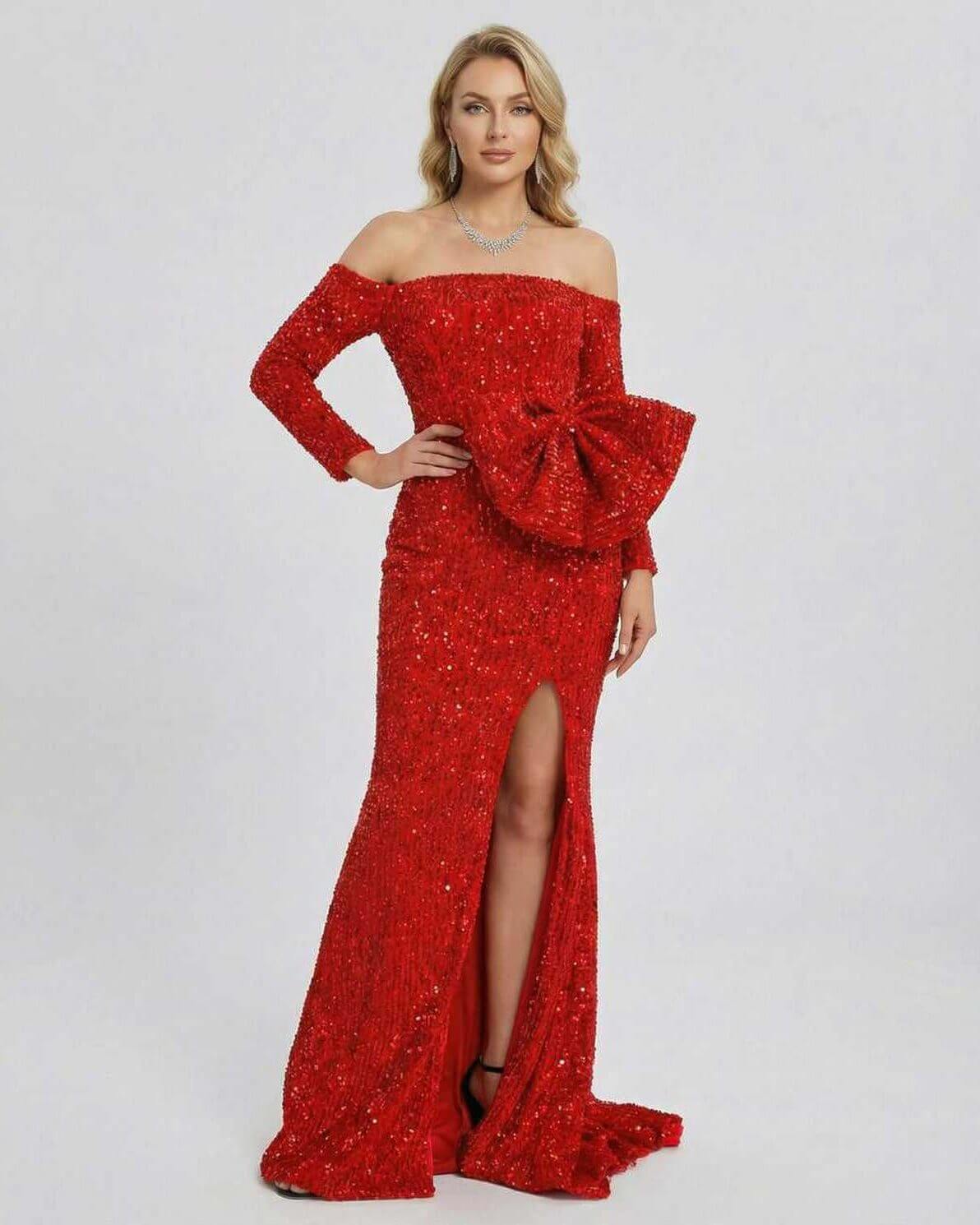 Celeste Maxi Dress by Lauven - Stunning red sequin evening gown with off-shoulder design and bow detail.