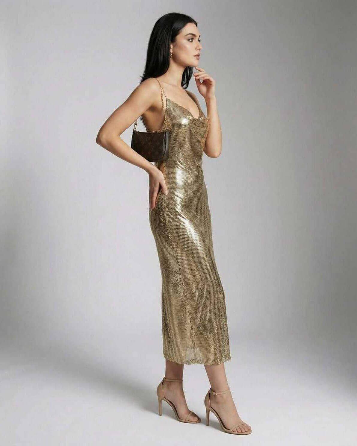 Celeste Midi Dress by Lauven, elegant gold sheath with V-neck and slim fit, perfect for a luxurious evening out.