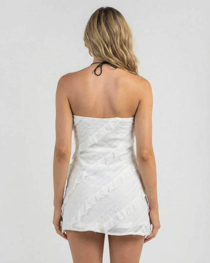 Isla Mini Dress by Lauven, elegant strapless sheath dress with delicate ruffle details, back view.