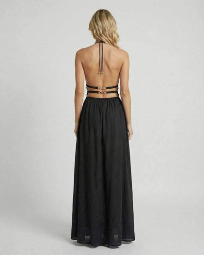 Celeste Maxi Dress by Lauven – Elegant back view showcasing the sleek black silhouette and halter neck design.