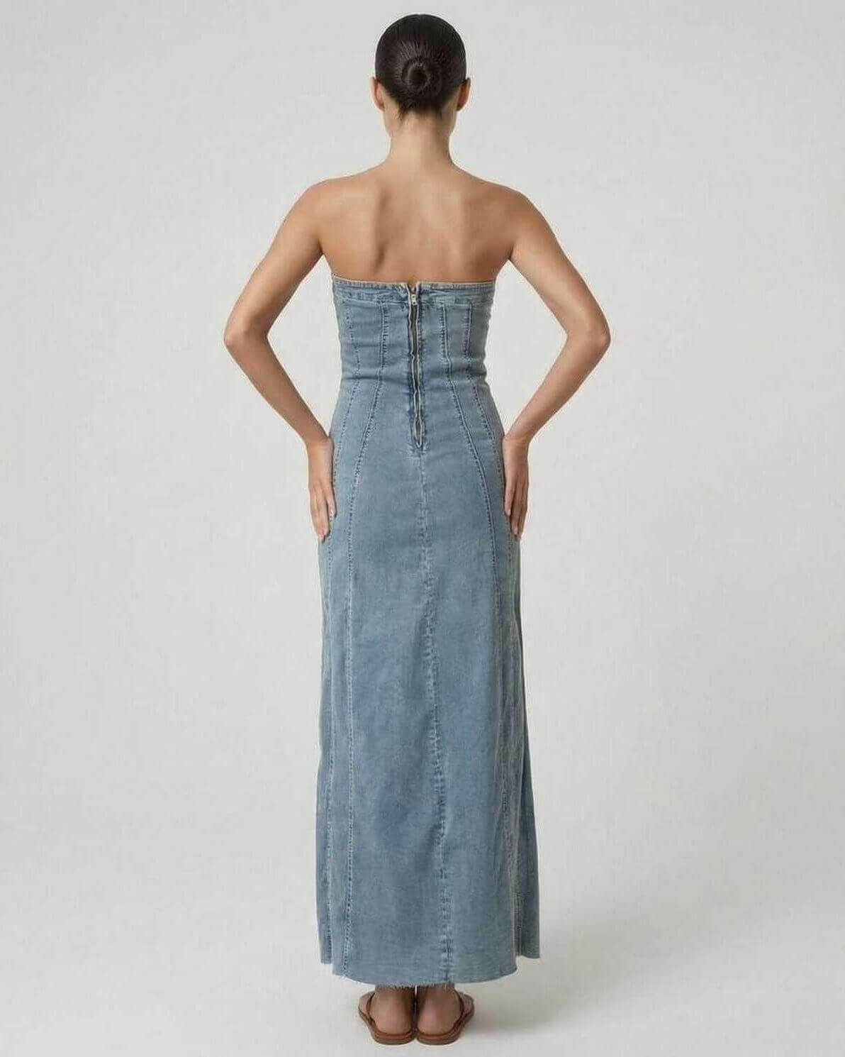 Dune Midi Dress by Lauven, featuring a sleek strapless back view with a trumpet silhouette.